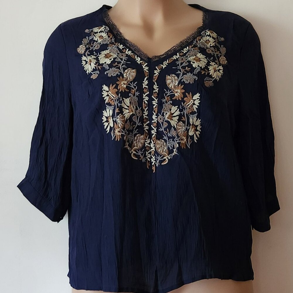 Shein Curve blouse sz 2X navy embroidered boho EUC